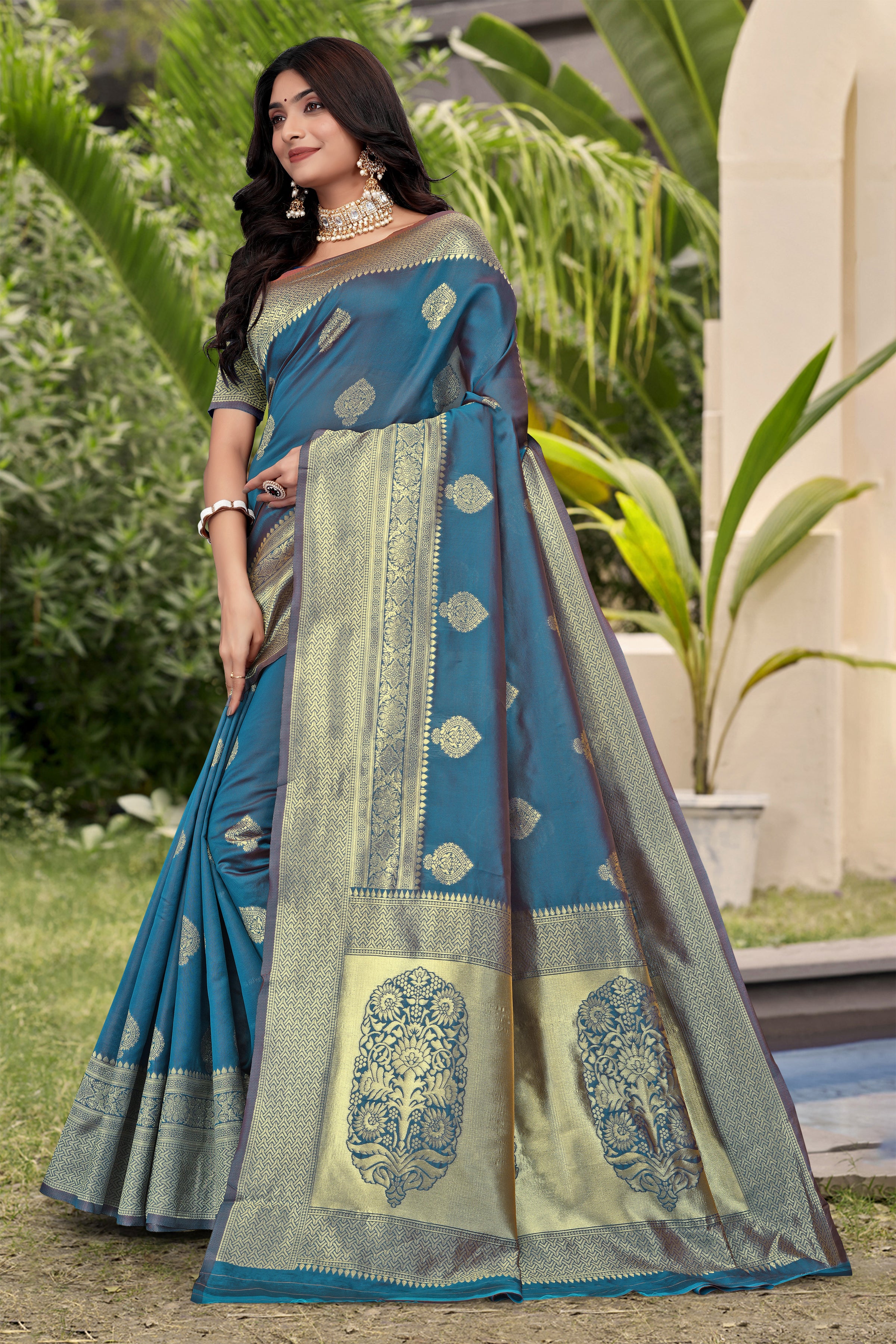 Elegant Teal Blue Banarasi Silk Saree with Golden Zari