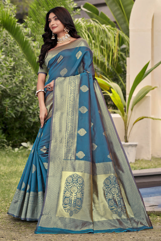 Elegant Teal Blue Banarasi Silk Saree with Golden Zari