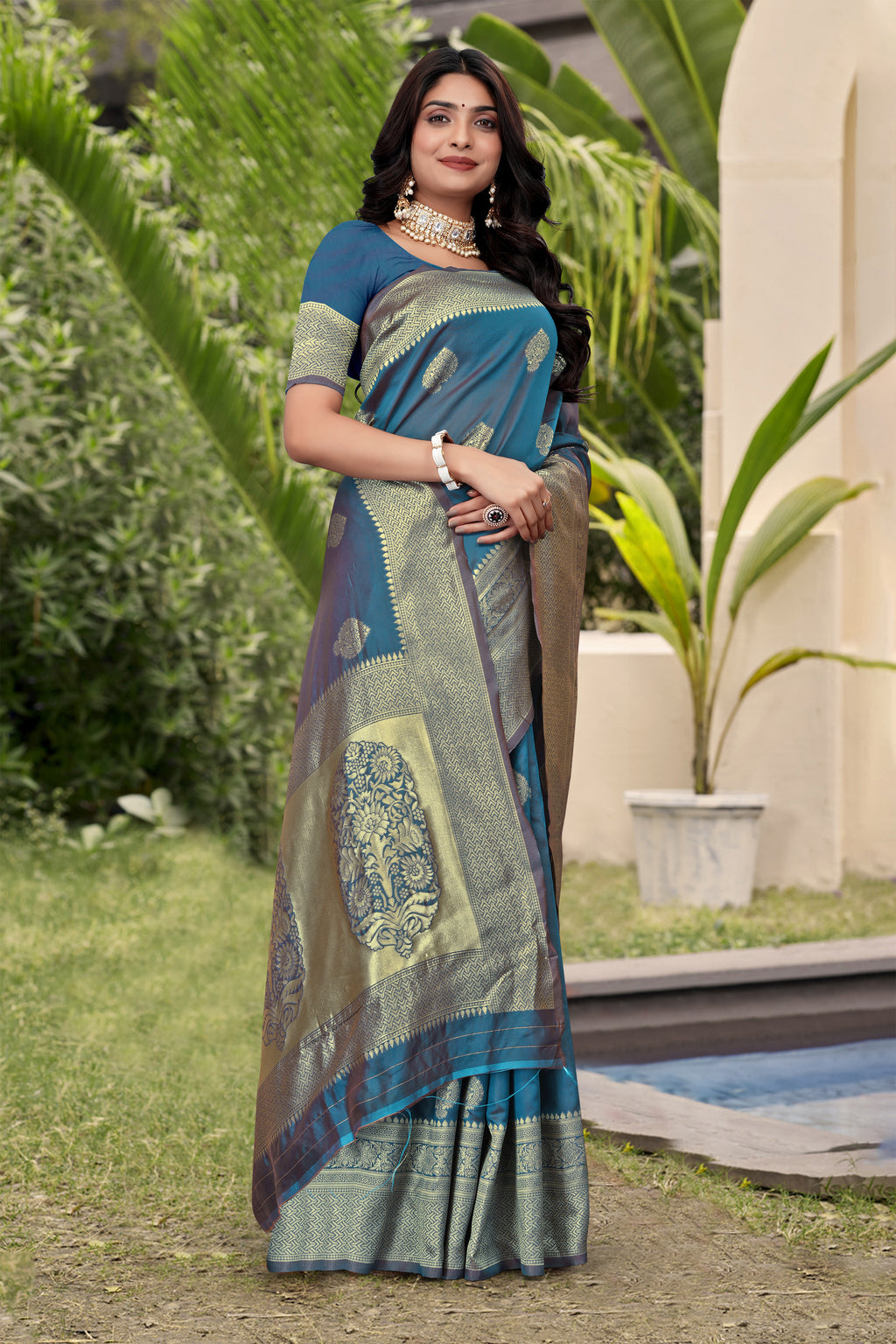 Elegant Teal Blue Banarasi Silk Saree with Golden Zari