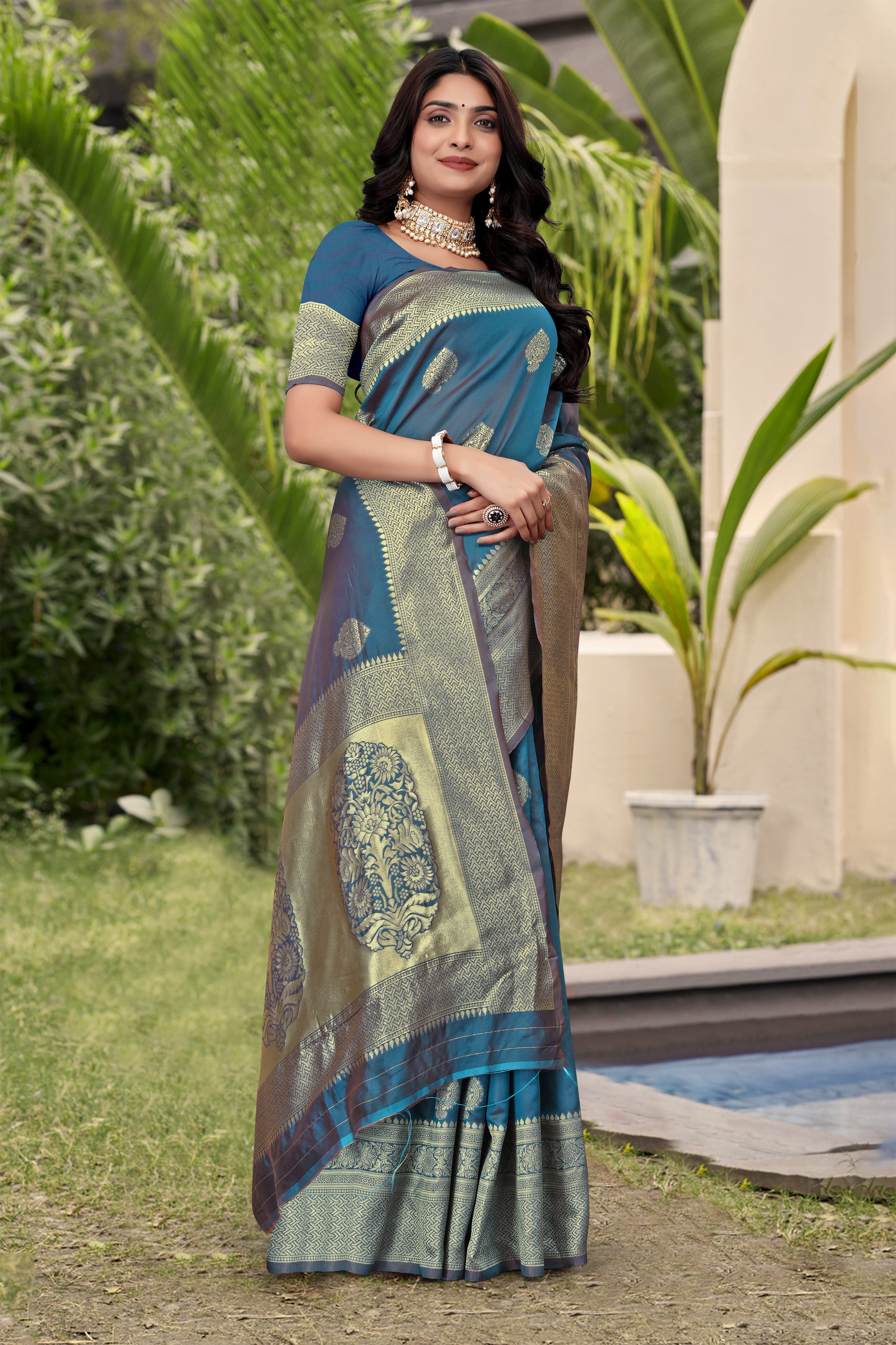 Elegant Teal Blue Banarasi Silk Saree with Golden Zari