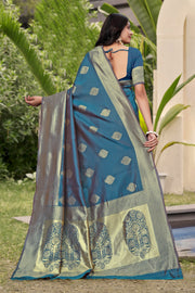 Elegant Teal Blue Banarasi Silk Saree with Golden Zari