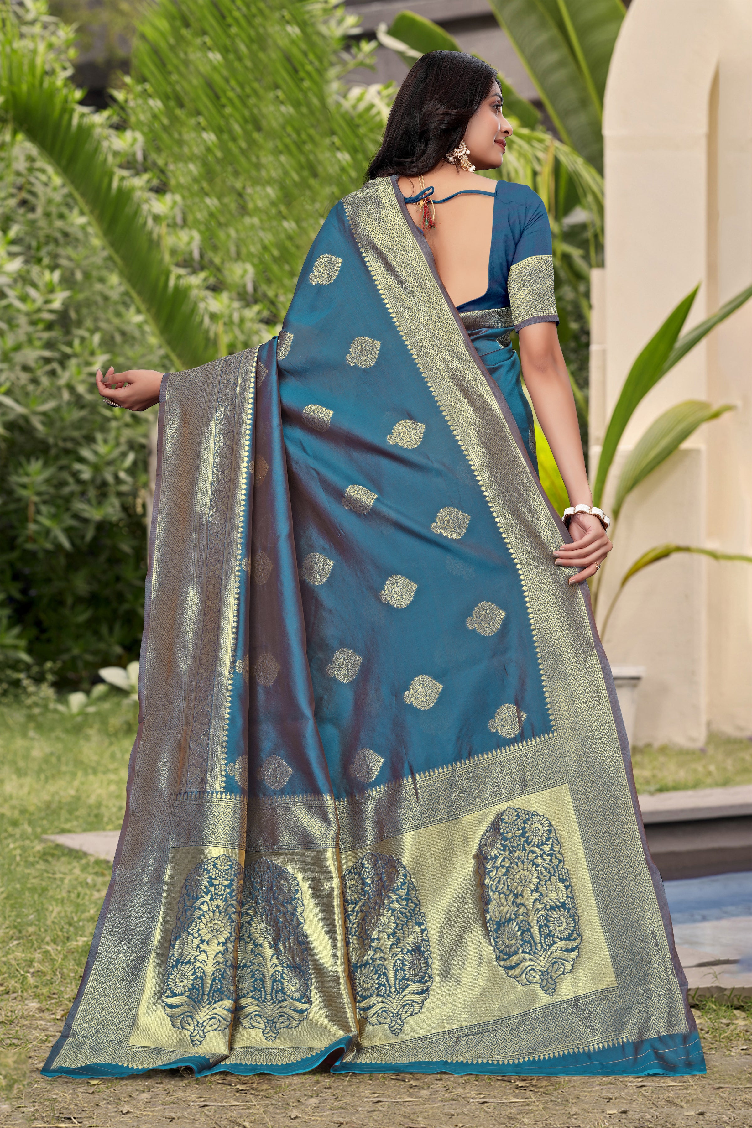 Elegant Teal Blue Banarasi Silk Saree with Golden Zari