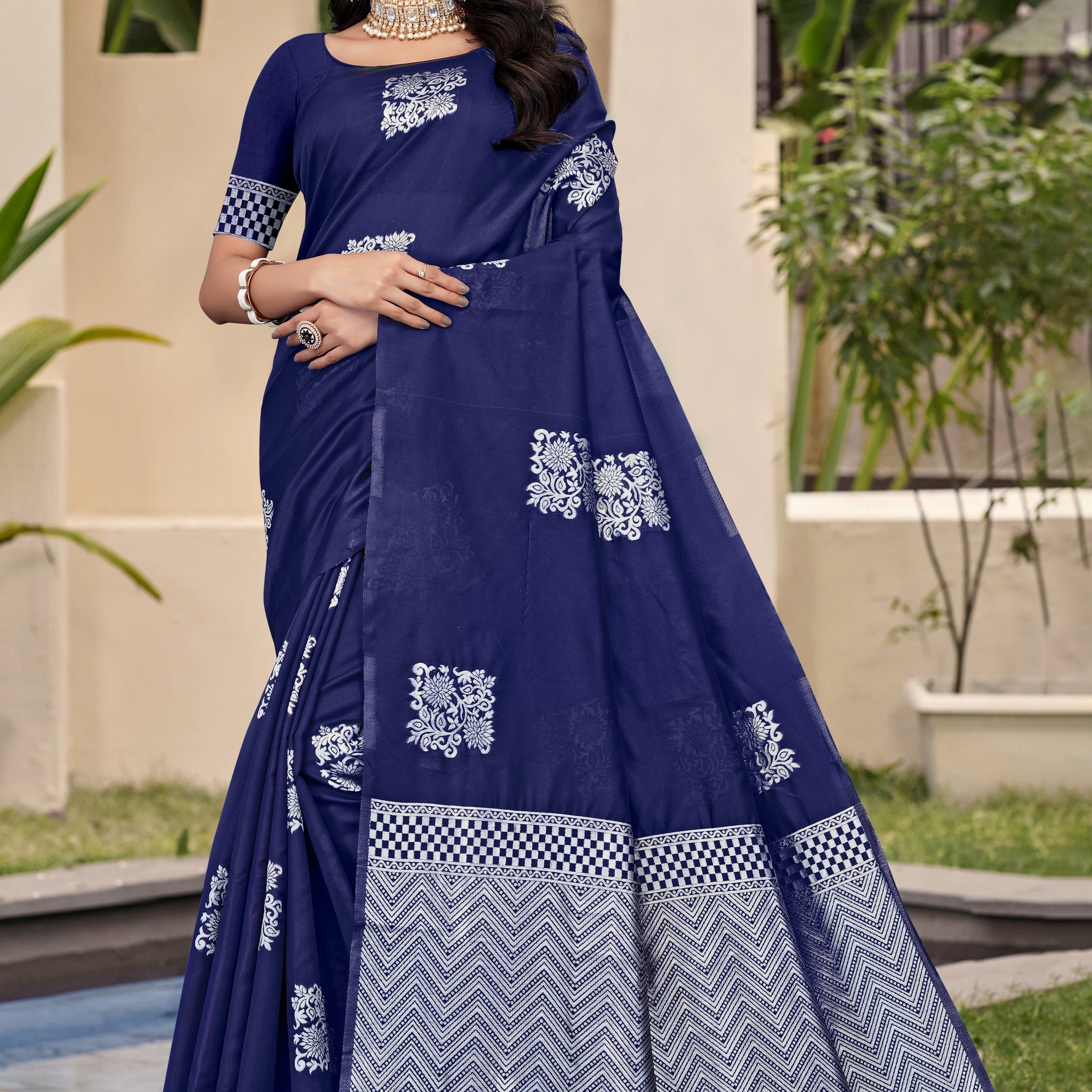 Chic Navy Blue Banarasi Silk Saree with Silver Zari Weaving