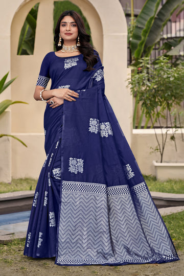 Chic Navy Blue Banarasi Silk Saree with Silver Zari Weaving