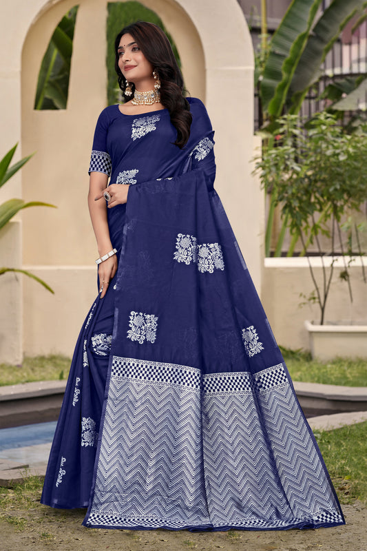 Chic Navy Blue Banarasi Silk Saree with Silver Zari Weaving