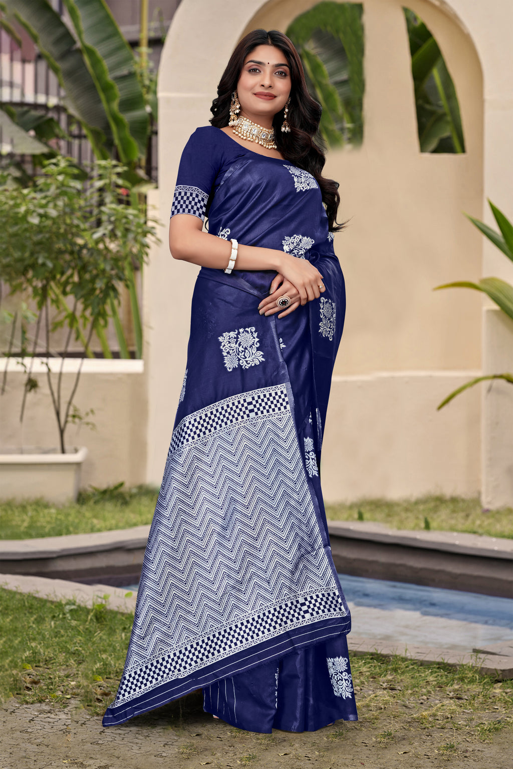 Chic Navy Blue Banarasi Silk Saree with Silver Zari Weaving