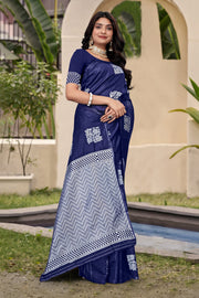 Chic Navy Blue Banarasi Silk Saree with Silver Zari Weaving