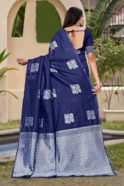 Chic Navy Blue Banarasi Silk Saree with Silver Zari Weaving