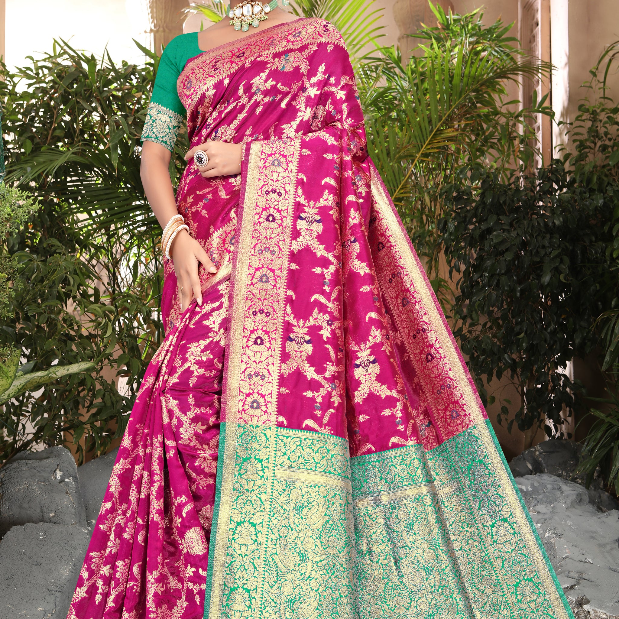 Vibrant Fuchsia Banarasi Silk Saree with Golden Zari