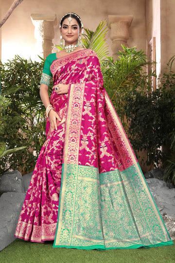 Vibrant Fuchsia Banarasi Silk Saree with Golden Zari
