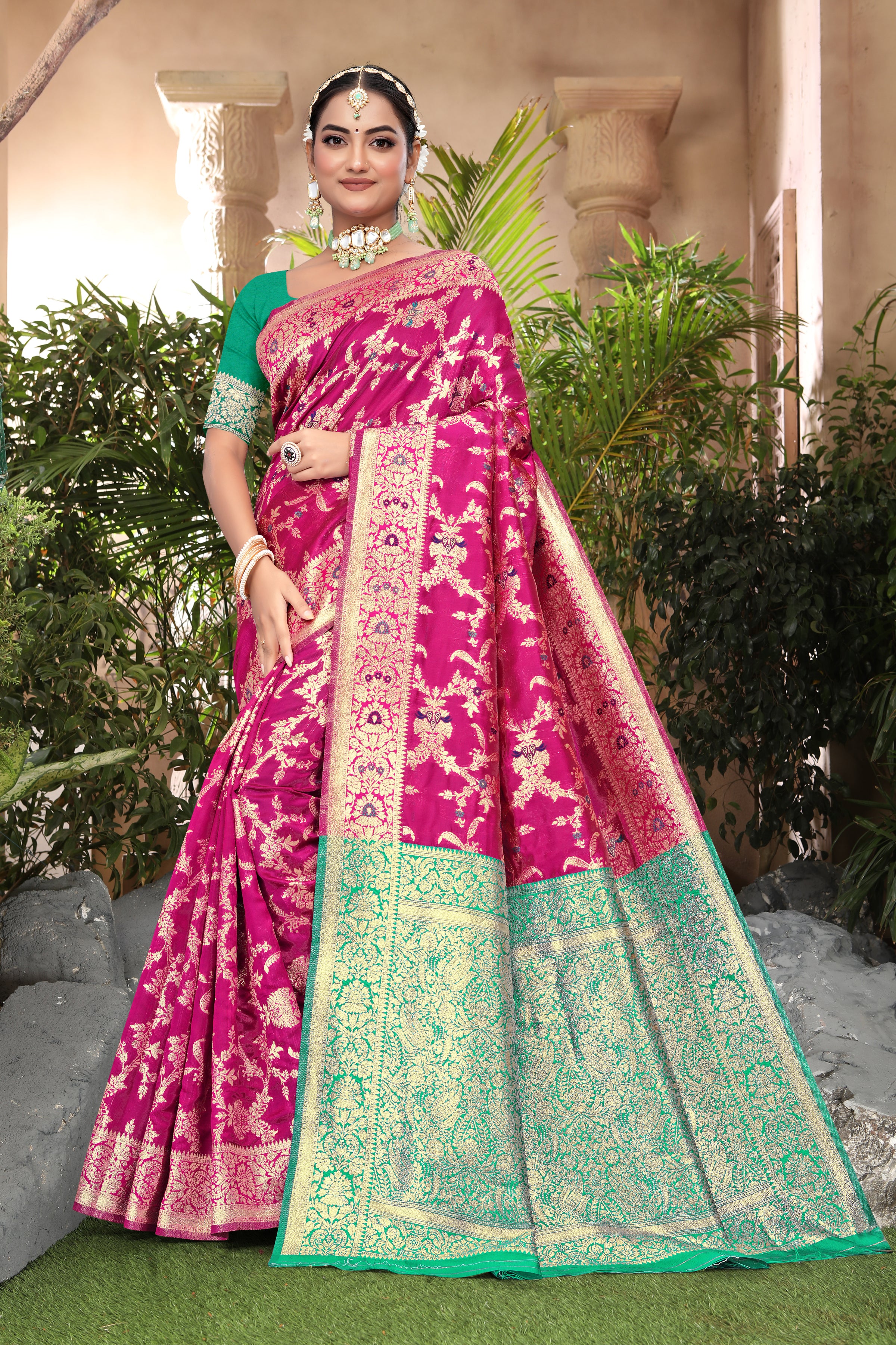 Vibrant Fuchsia Banarasi Silk Saree with Golden Zari
