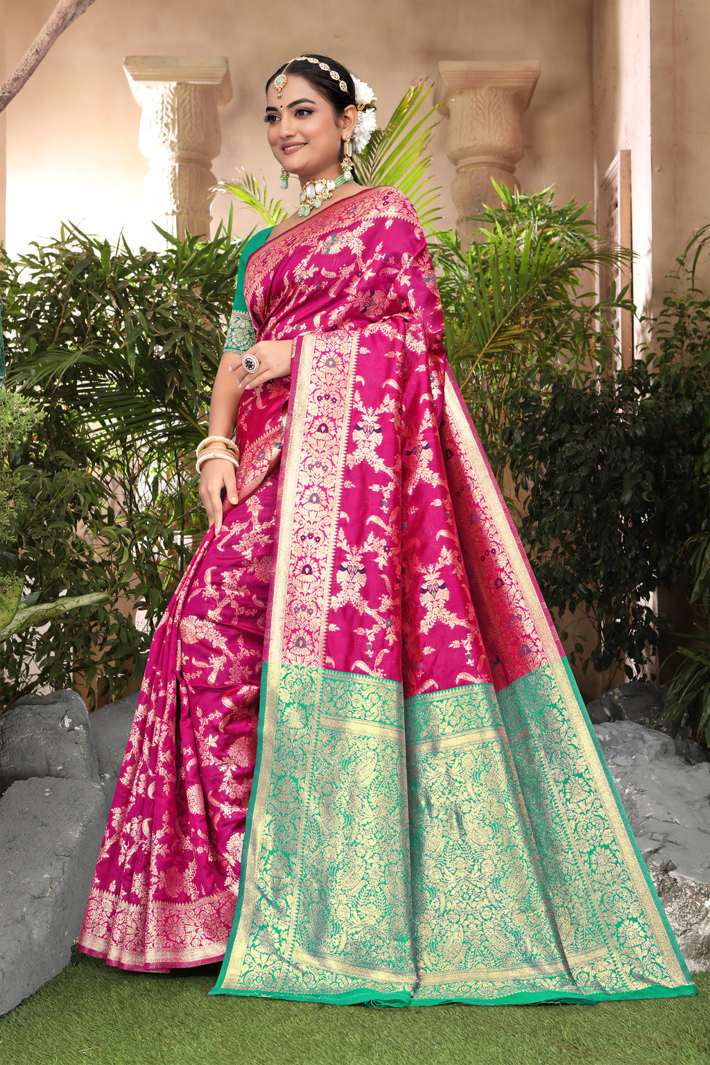 Vibrant Fuchsia Banarasi Silk Saree with Golden Zari