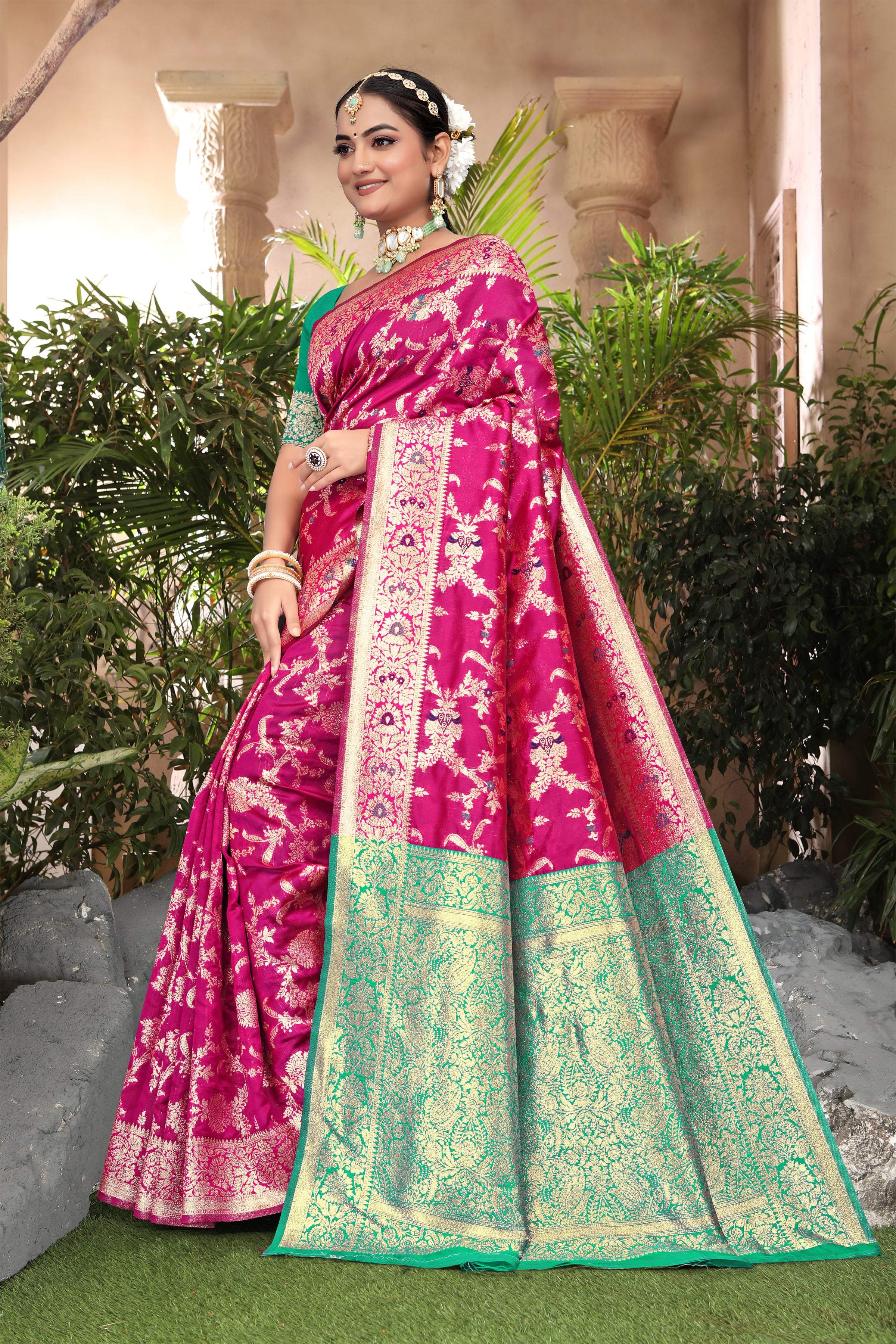 Vibrant Fuchsia Banarasi Silk Saree with Golden Zari