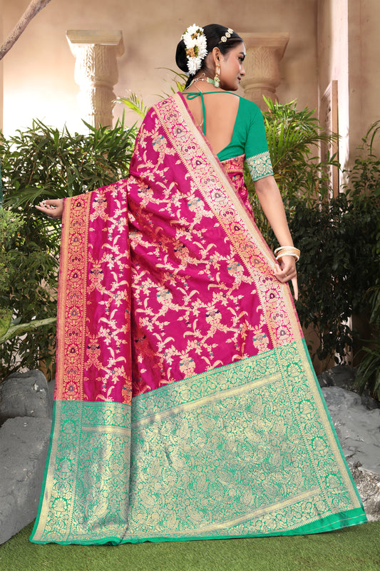 Vibrant Fuchsia Banarasi Silk Saree with Golden Zari