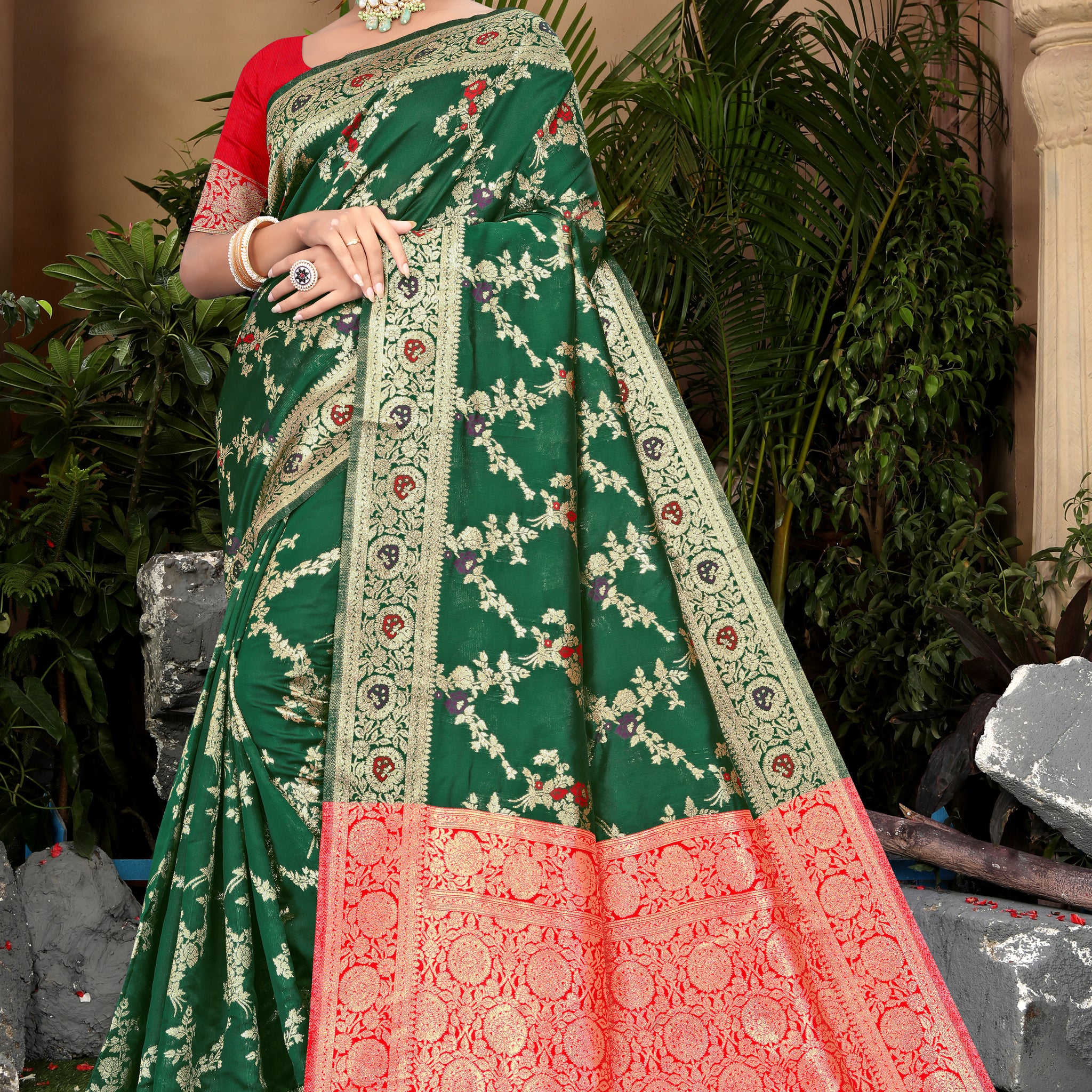 Forest Green Banarasi Silk Saree with Ruby Red Weaving