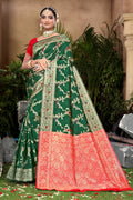 Forest Green Banarasi Silk Saree with Ruby Red Weaving