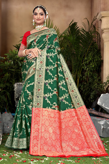 Forest Green Banarasi Silk Saree with Ruby Red Weaving
