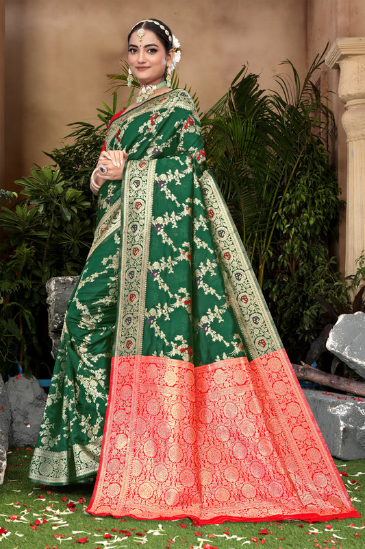 Forest Green Banarasi Silk Saree with Ruby Red Weaving
