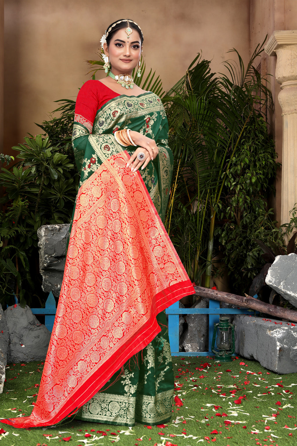 Forest Green Banarasi Silk Saree with Ruby Red Weaving