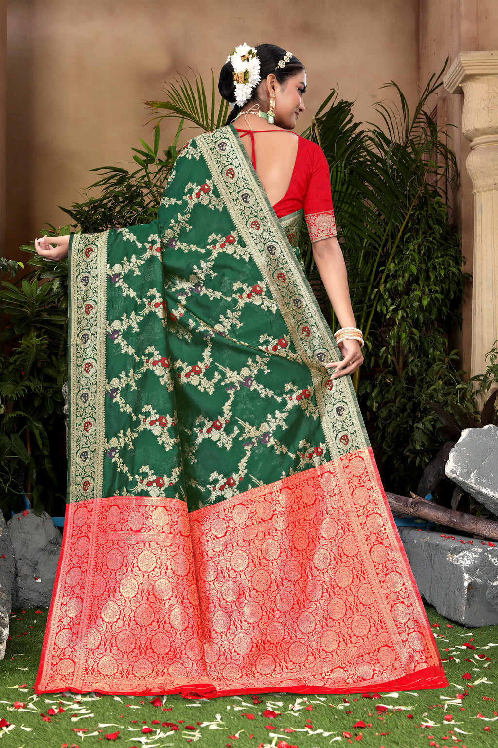 Forest Green Banarasi Silk Saree with Ruby Red Weaving