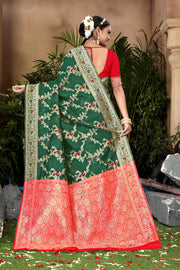 Forest Green Banarasi Silk Saree with Ruby Red Weaving