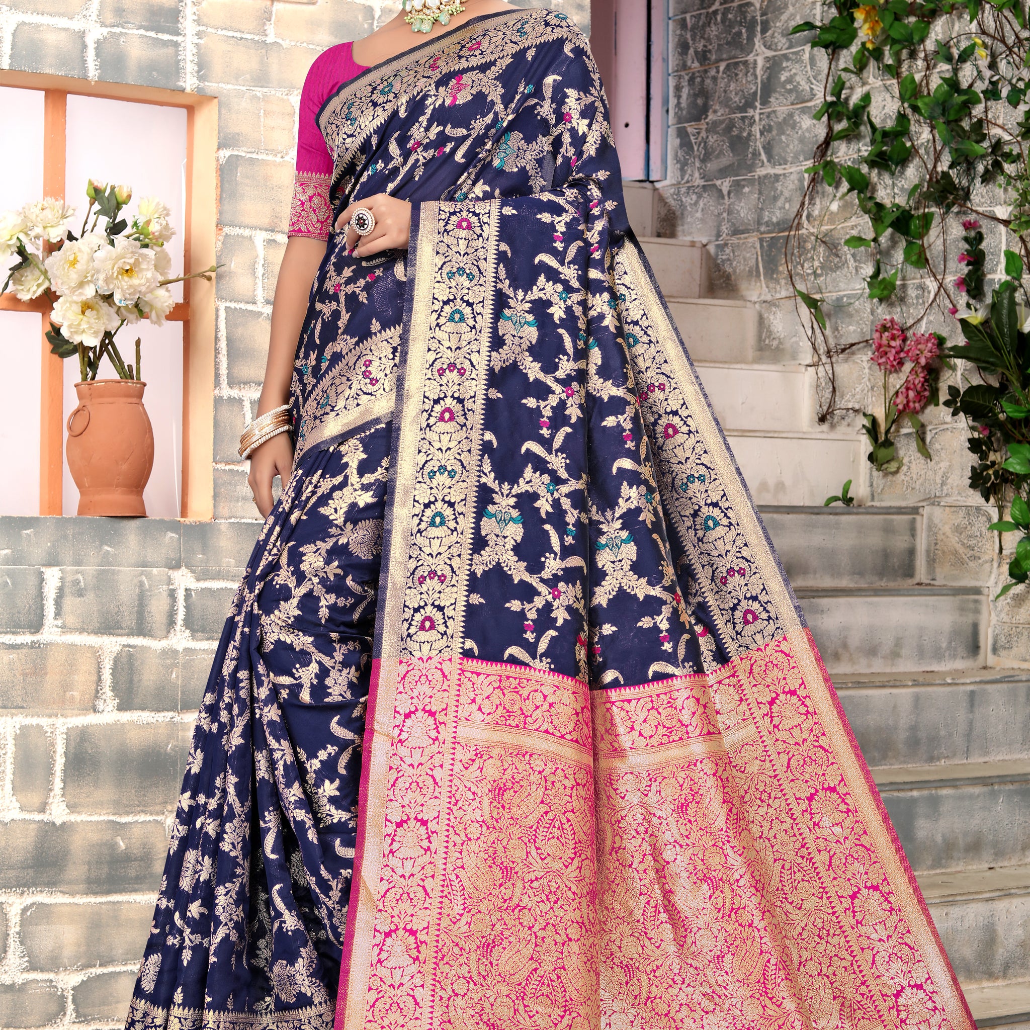 Regal Navy Blue Banarasi Silk Saree with Pink Zari Weaving