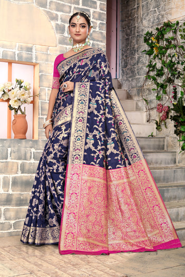 Regal Navy Blue Banarasi Silk Saree with Pink Zari Weaving