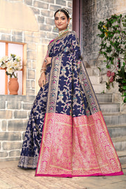 Regal Navy Blue Banarasi Silk Saree with Pink Zari Weaving