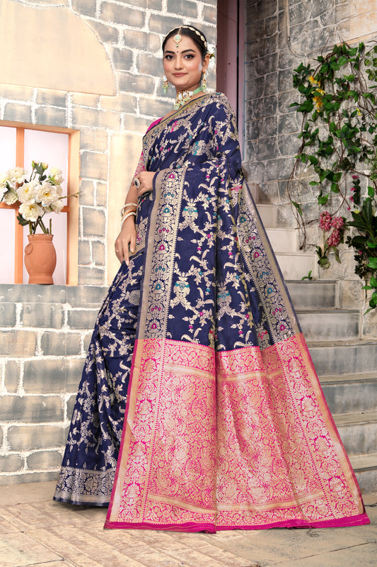 Regal Navy Blue Banarasi Silk Saree with Pink Zari Weaving