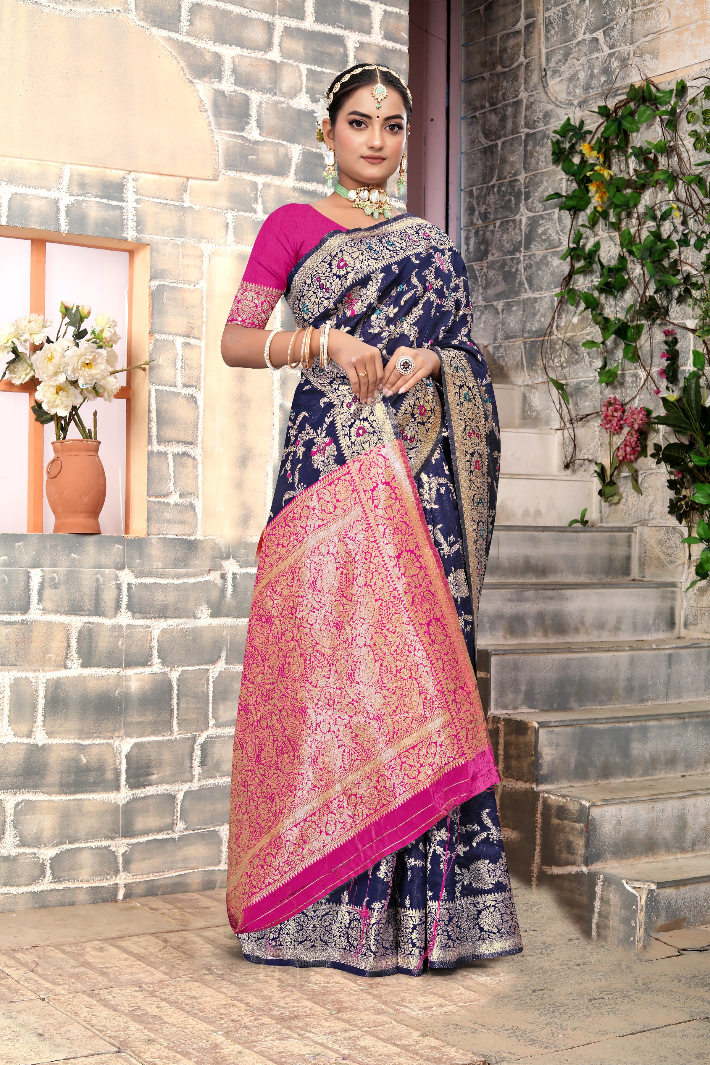 Regal Navy Blue Banarasi Silk Saree with Pink Zari Weaving