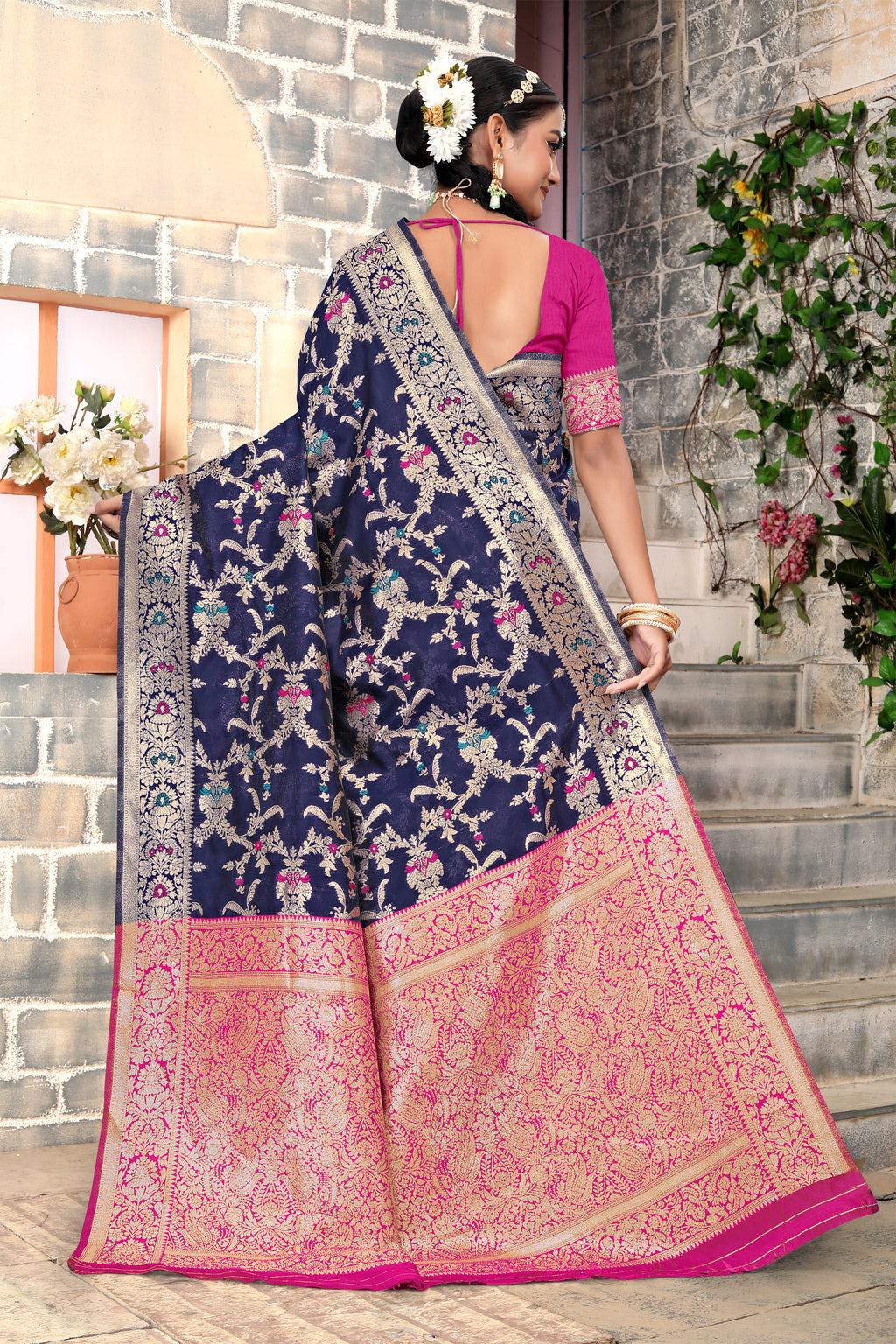 Regal Navy Blue Banarasi Silk Saree with Pink Zari Weaving