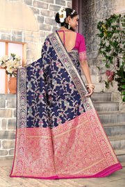 Regal Navy Blue Banarasi Silk Saree with Pink Zari Weaving