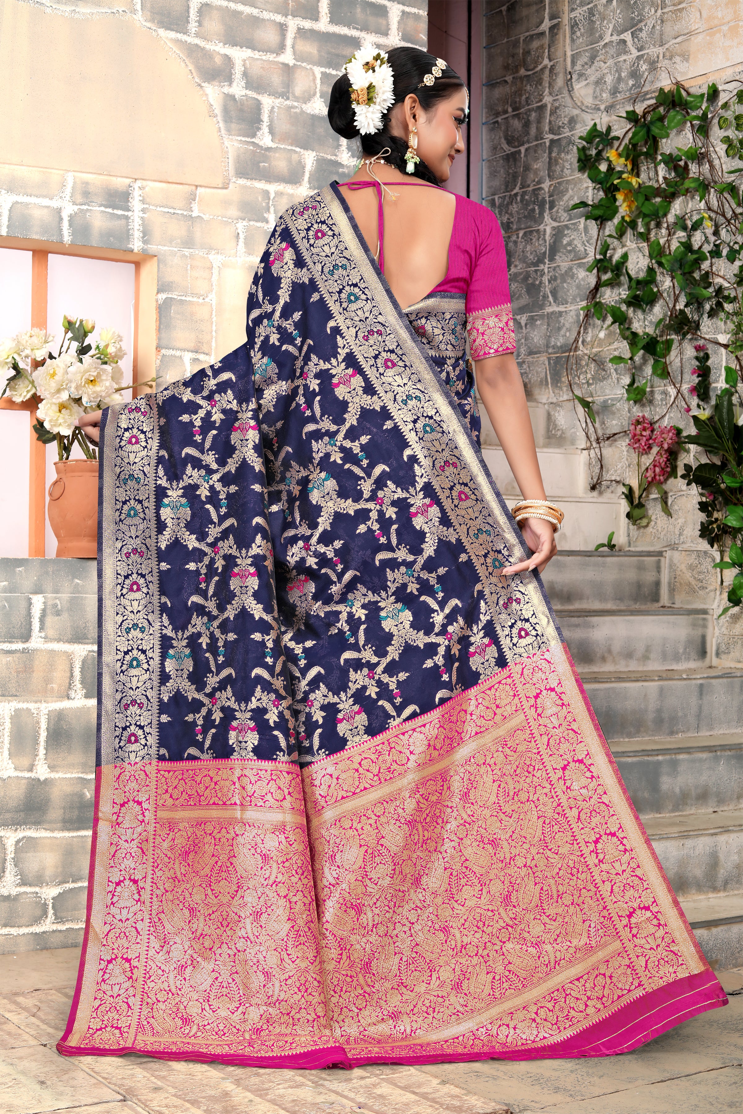 Regal Navy Blue Banarasi Silk Saree with Pink Zari Weaving