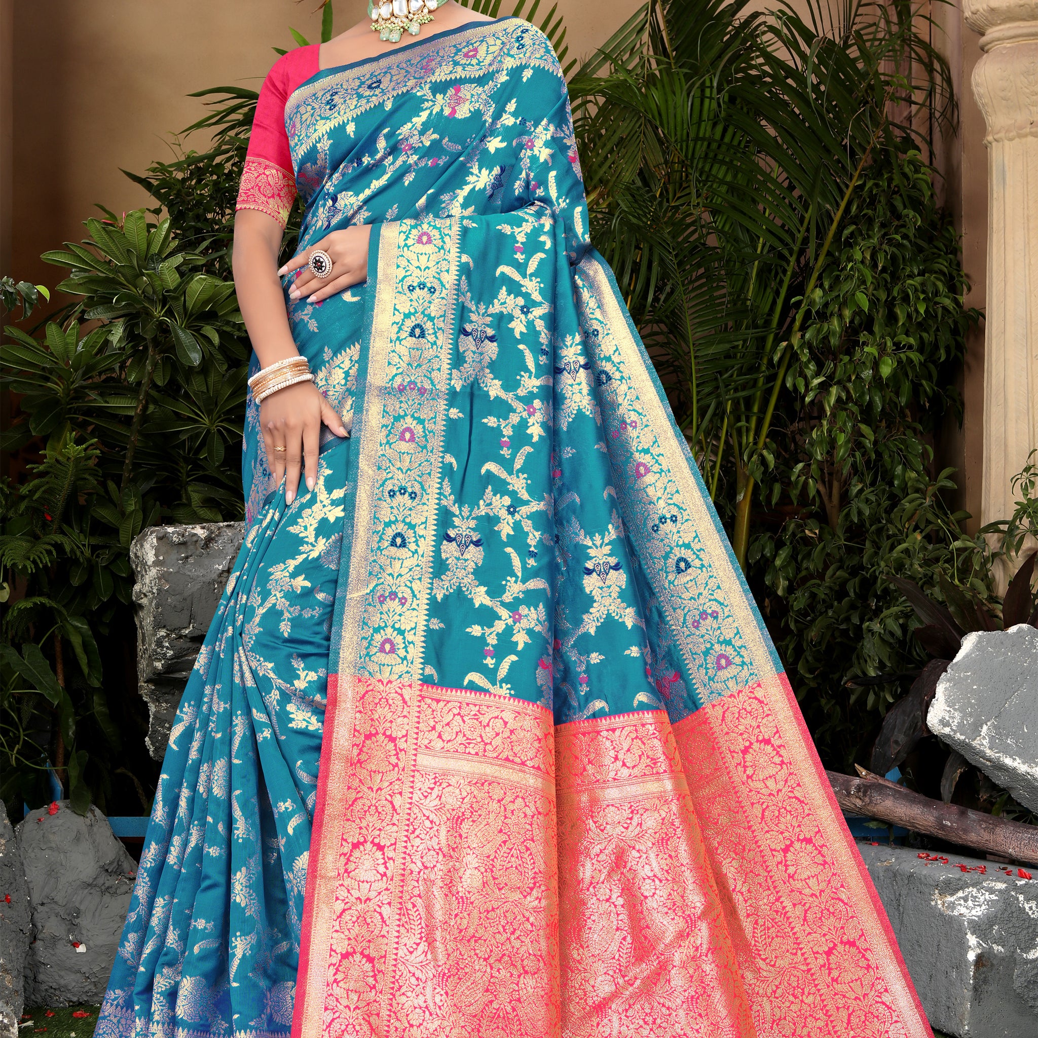 Vibrant Sky Blue Banarasi Silk Saree with Golden Zari