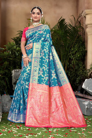 Vibrant Sky Blue Banarasi Silk Saree with Golden Zari