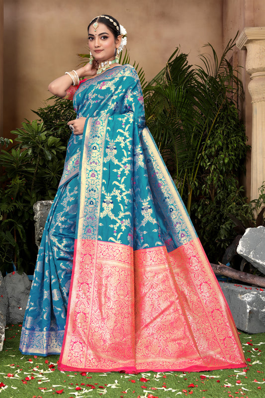 Vibrant Sky Blue Banarasi Silk Saree with Golden Zari