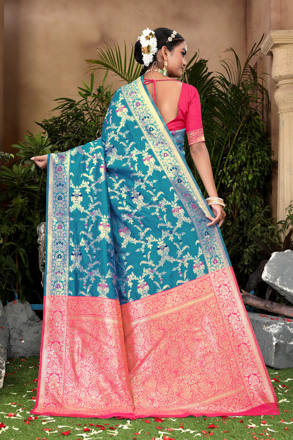 Vibrant Sky Blue Banarasi Silk Saree with Golden Zari