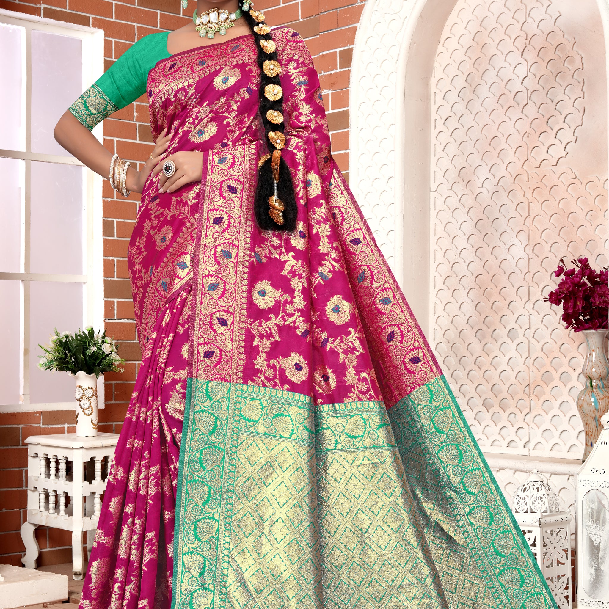 Vibrant Fuchsia Banarasi Silk Saree with Golden Zari