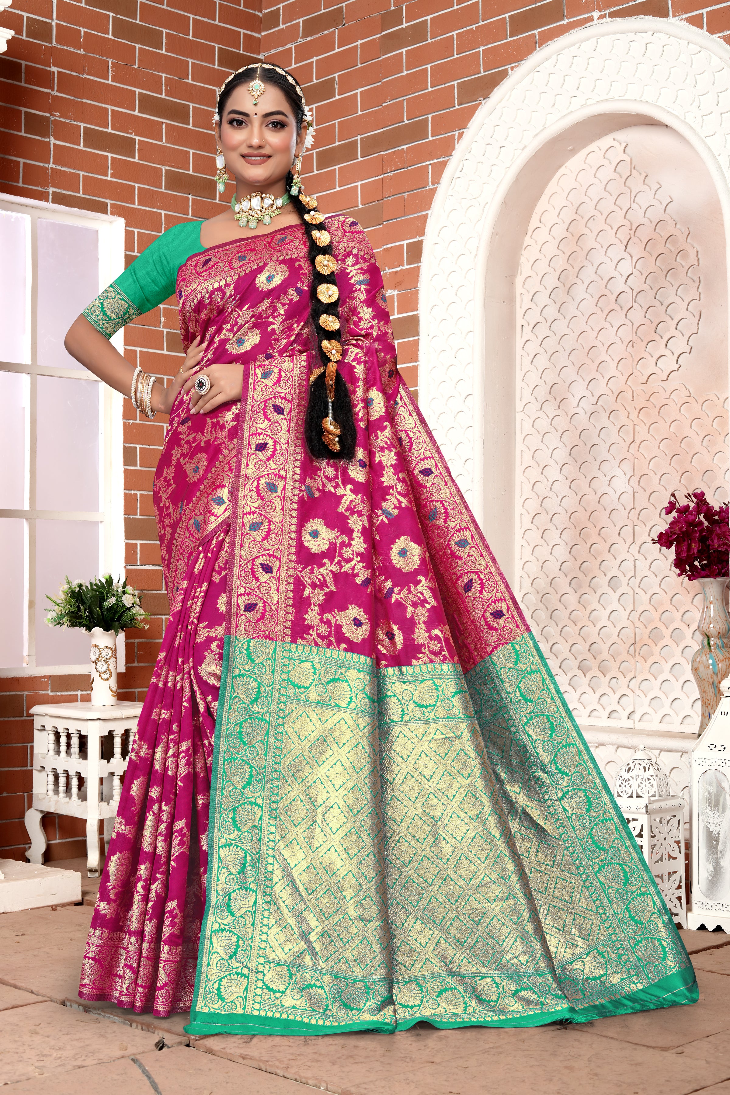 Vibrant Fuchsia Banarasi Silk Saree with Golden Zari