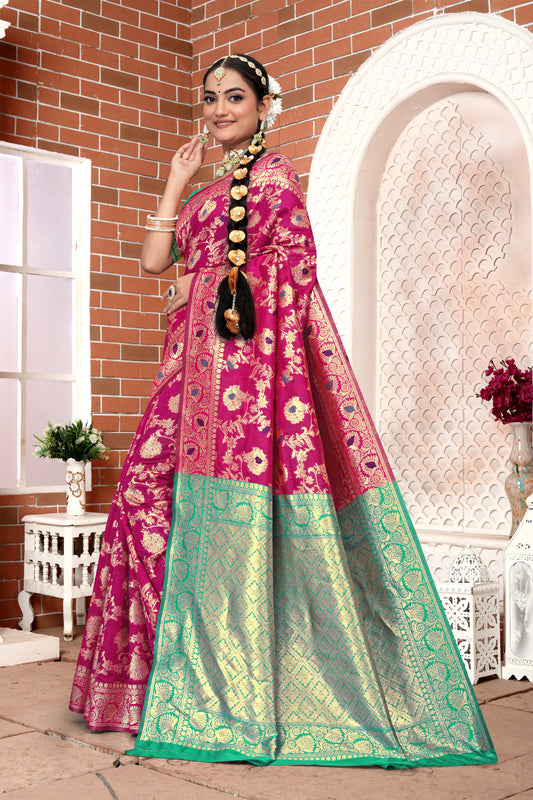 Vibrant Fuchsia Banarasi Silk Saree with Golden Zari