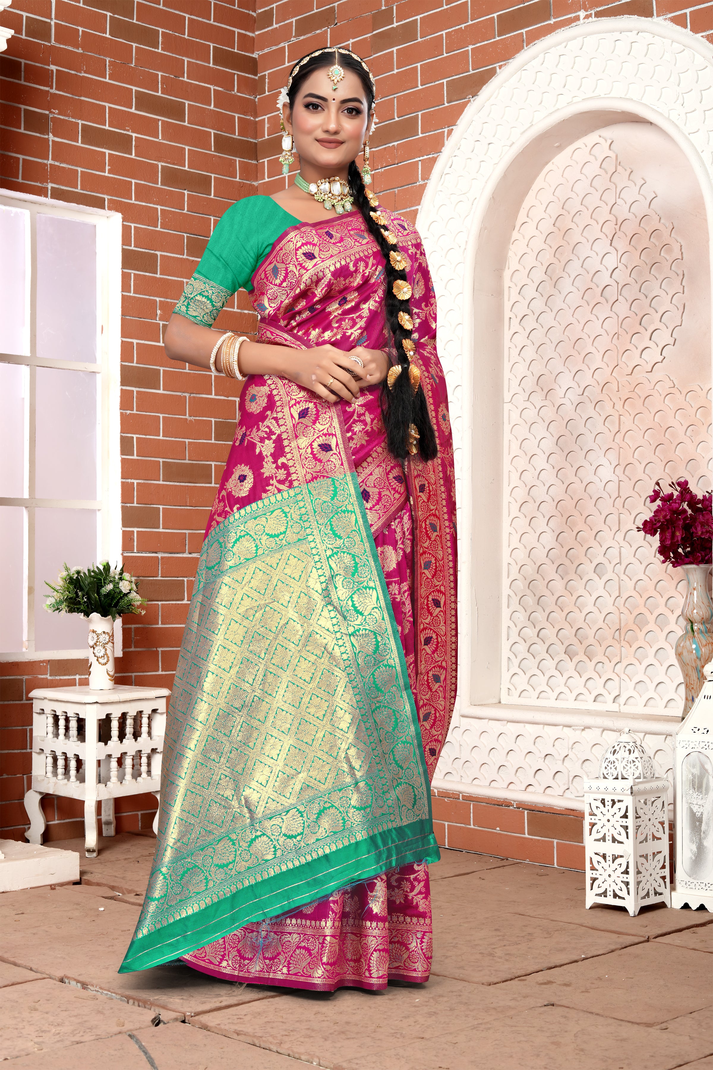 Vibrant Fuchsia Banarasi Silk Saree with Golden Zari