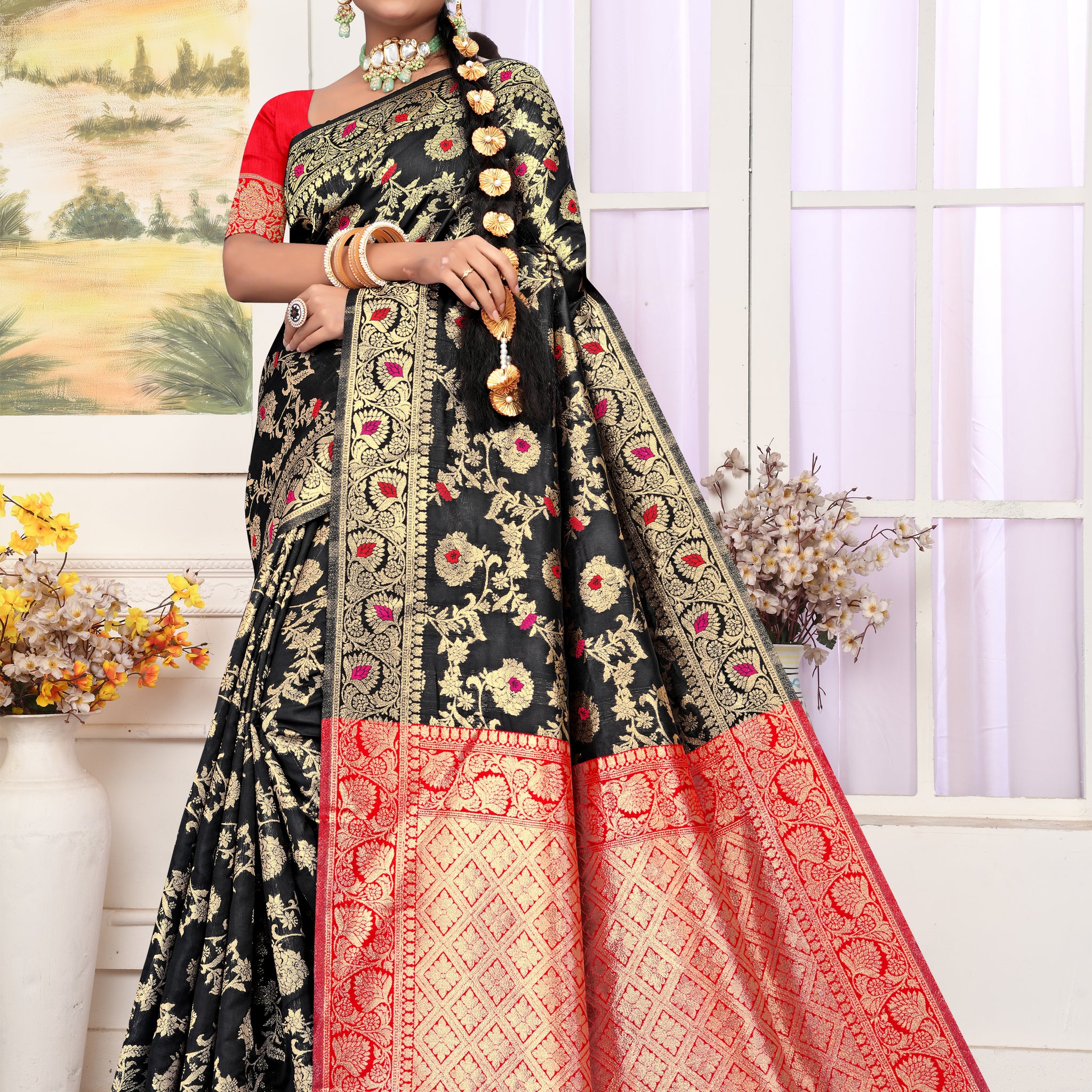 Mystical Black Banarasi Silk Saree with Ruby Red Weaving