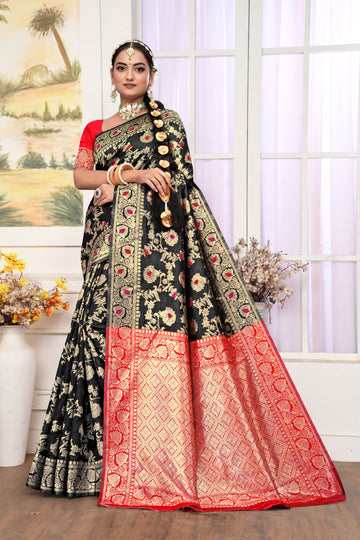 Mystical Black Banarasi Silk Saree with Ruby Red Weaving