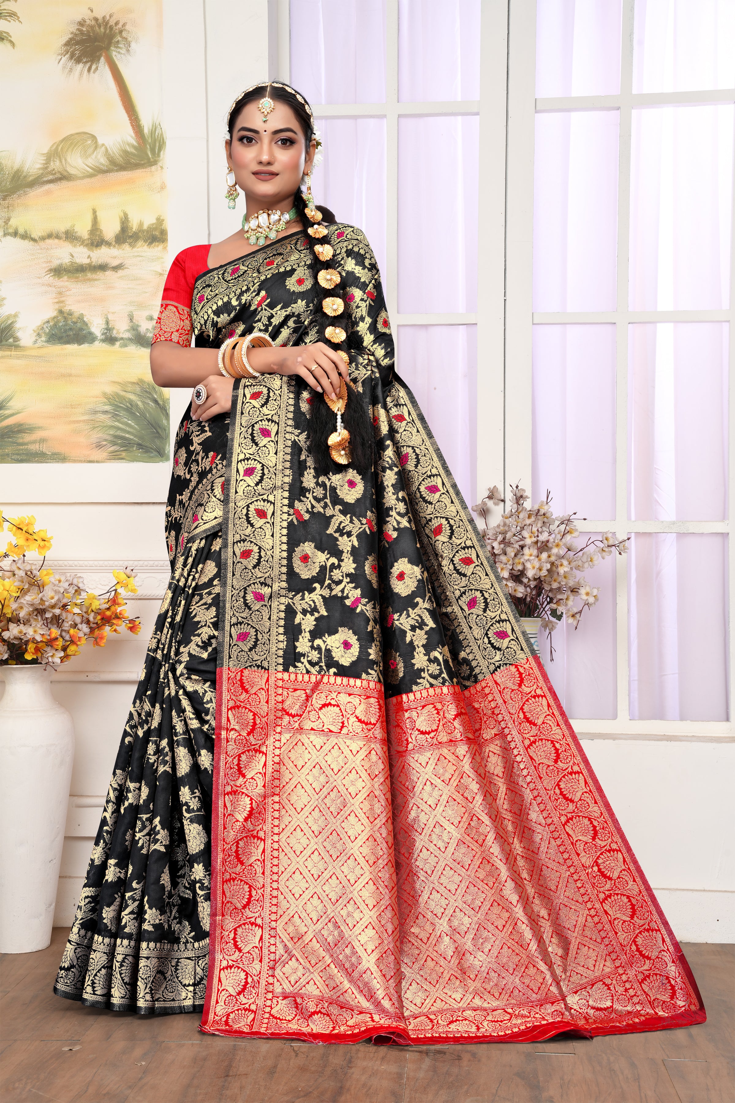 Mystical Black Banarasi Silk Saree with Ruby Red Weaving
