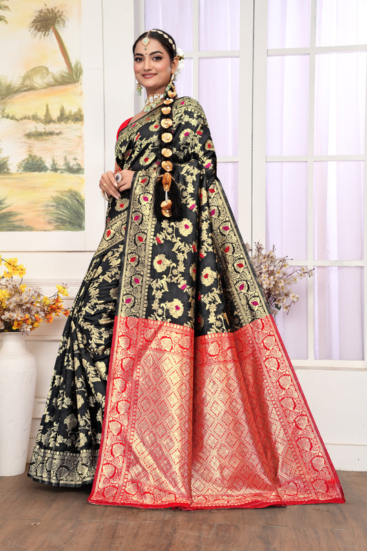 Mystical Black Banarasi Silk Saree with Ruby Red Weaving