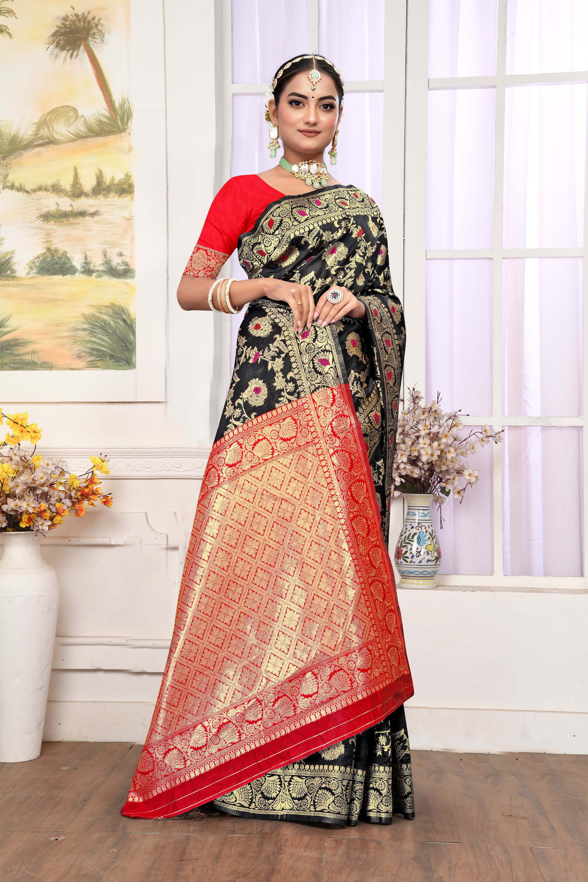 Mystical Black Banarasi Silk Saree with Ruby Red Weaving