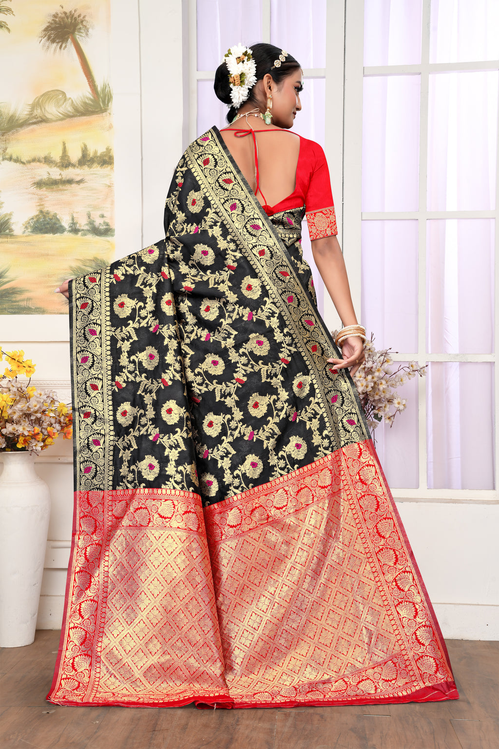 Mystical Black Banarasi Silk Saree with Ruby Red Weaving