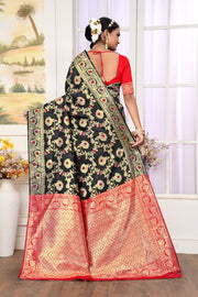 Mystical Black Banarasi Silk Saree with Ruby Red Weaving