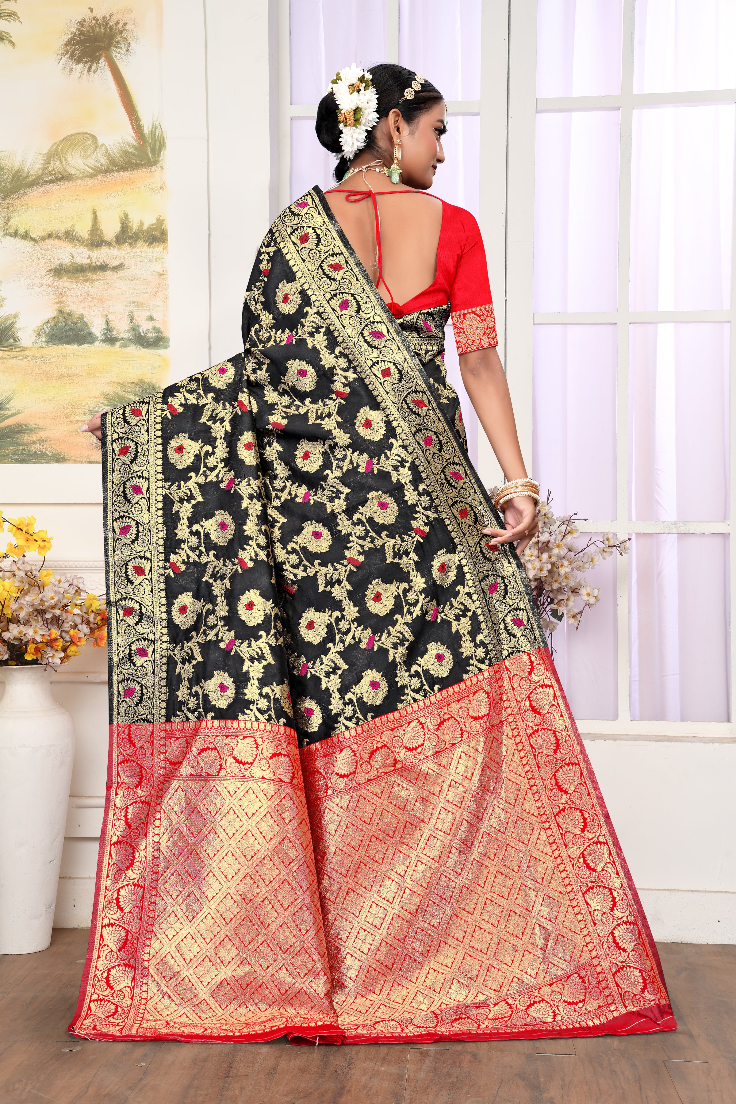 Mystical Black Banarasi Silk Saree with Ruby Red Weaving