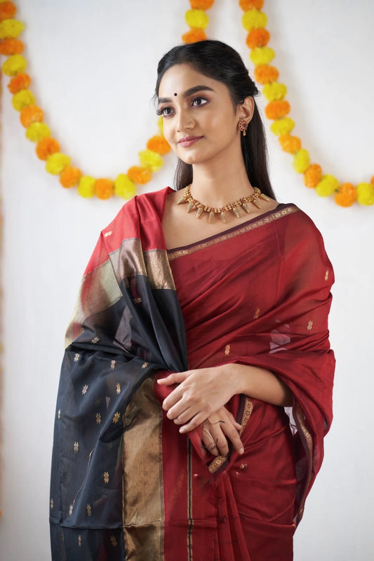 Burgundy and Black Dual-Tone Cotton Silk Saree